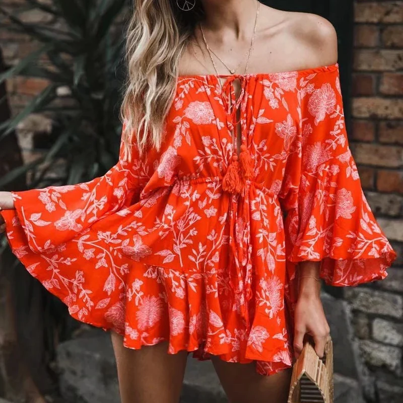 Tosheiny 2019 Summer Sexy Cross Slash Neck Speaker Sleeve Rompers Female Flora Print Playsuit TH0092 | Женская одежда