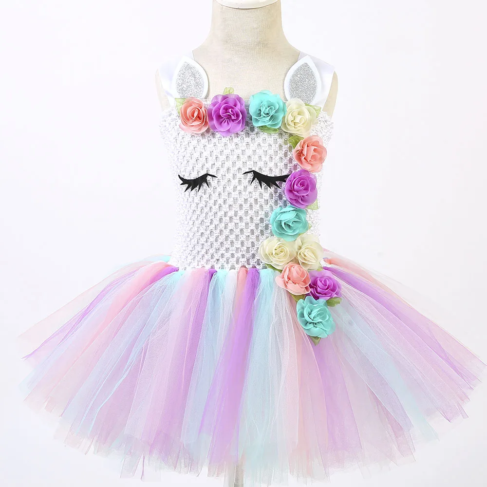 Pastel Clothes Knee Length Flower Children Girls Unicorn Tutu Dress Rainbow Princess Sleeveless Little Kids Pony Dress Vestido 8 (3)