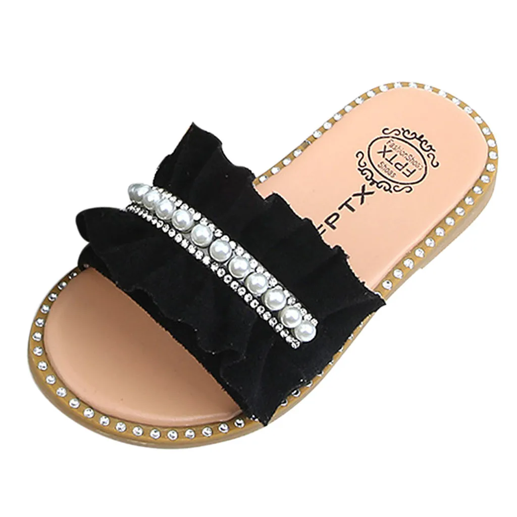 Kids Sandals Toddler Baby Girls Sandals Pearls Crystal Ruffles Princess Shoes Slippers Comfortable Casual Summer Shoes