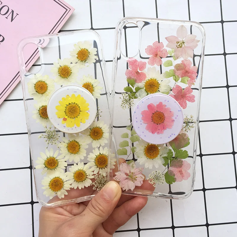 

Tfshining Real Dried Flower Phone Case For iPhone X XS Max XR 6 6S 7 8 Plus Handmade Daisy Floral Transparent Phone Holder Cover