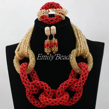 

Fashion Champagne Gold African Costume Jewelry Set Red Nigerian Wedding African Beads Jewelry Set Chunky Free Shipping ALJ520
