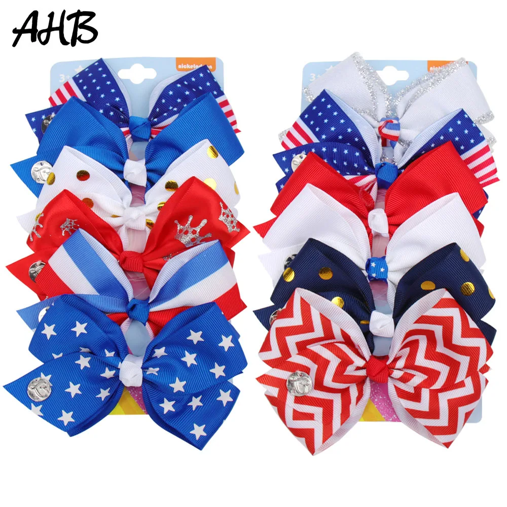 

AHB 6Pcs/set 4th of July 5" Hair Bows for Girls Hair Clips Stars/Striped/Dot Print Bowknot Independence Day Party Kids Headwear