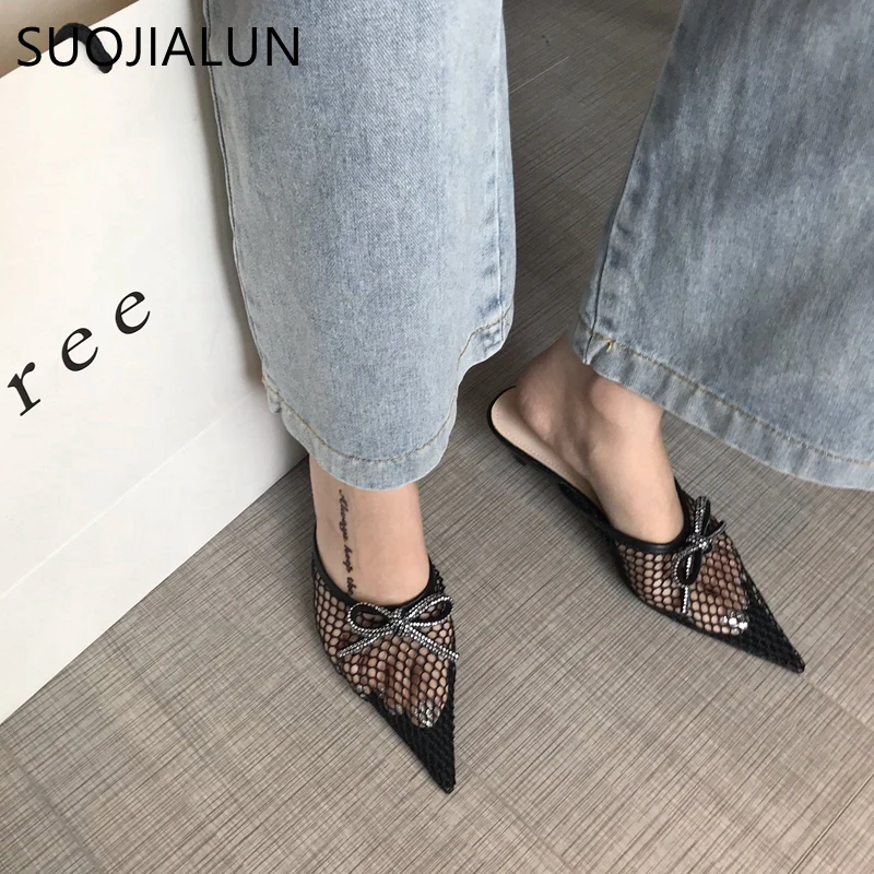 

SUOJIALUN 2019 New Mesh Fabric Women Mules Summer Sandal Shoes Women Slip On Mules Flat Casual Slipper Shoes Female Slides