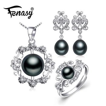 

FENASY 925 Sterling Silver earrings with stones natural Pearl jewelry sets for women bohemian wedding set ethnic earrings rings