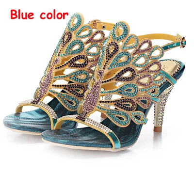 Летние босоножки из овечьей кожи большие размеры 34–44 каблук 8 см синие босоножки со стразами нарядная обувь каблук-шпилька модельные вечерние туфли - Цвет: Blue 8cm Heels