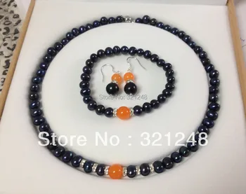 

Free shopping new DIY Black Akoya Cultured Pearl/Orange chalcedony bracelets necklace earrings set GE5011