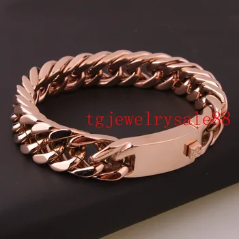 

Fashion Charm Rose Gold Cuban Curb Link Chain Bracelet 15mm Stainless Steel Biker Mens Bangle Cuff Jewelry 22cm(8.66")