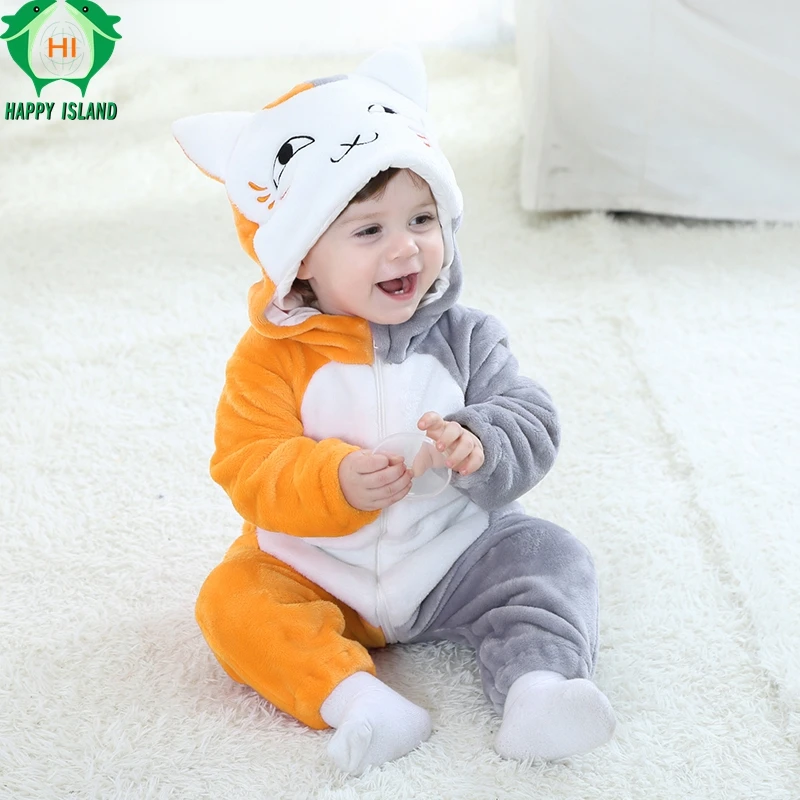 100 Flannel Long Sleeve Spring Autumn Boy Girl Conjoined Baby Cute Cat Clothes Children Romper