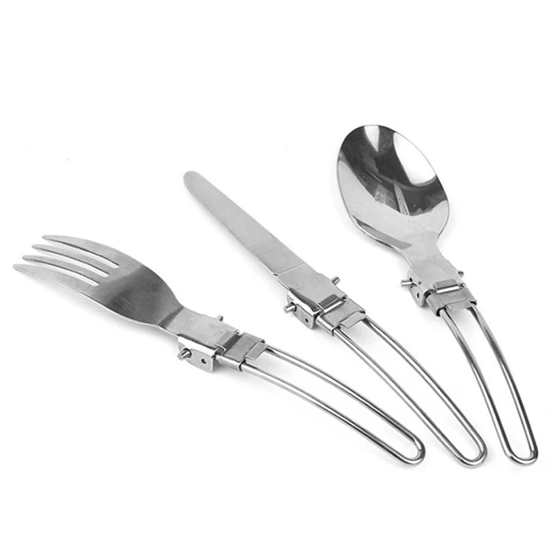 

3PCS Portable Stainless Steel Folding Fork Spoon Tableware Kit with Storage Bag for Outdoor Camping Picnic BBQ BB55
