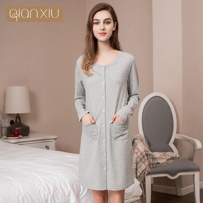 

2019 Autumn Brand Homewear Women Casual nightgown Female Cotton sleeping dress Ladies Long sleeve Round collar Cardigan dresses