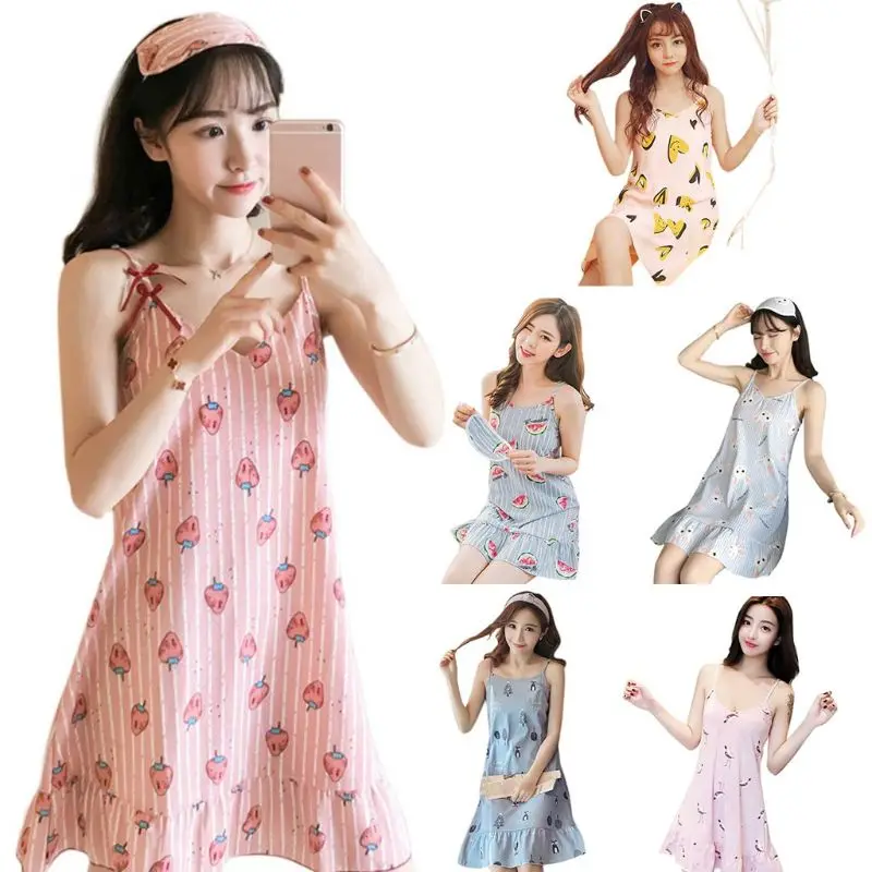 

Women Girl Summer Milk Fiber Sleeveless Sexy Midi Swing Nightdress Sweet Cartoon Animal Fruit Printed Ruffles Hem Cami Sleepwear