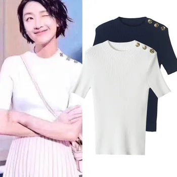 

New the temperament of early summer 2019 same knitting T simple pure color joker show thin T-shirt coat female
