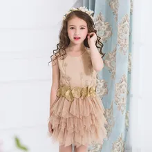 Милое платье с цветочным узором для свадебной вечеринки для девочек детское летнее Сетчатое платье принцессы с золотыми цветами на день рождения детская одежда