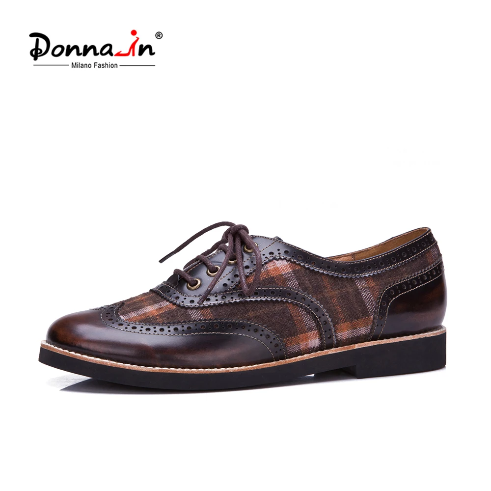 Donna-in 2018 Flats Shoes Women Genuine Leather Flats Lace-up Brogue Shoes British style Oxfords Shoes Flat Heel Women Shoes For