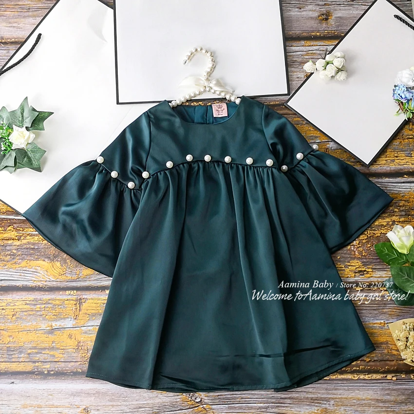

59E New Pearls Flare Sleeve Brand Princess Baby Girl Christmas Dresse Winter Fall Kid Dress For Girl Wholesale Baby Girl Clothes