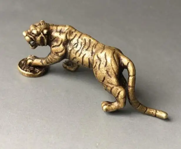Китайская старинная маленькая статуя тигра из чистой латуни#6