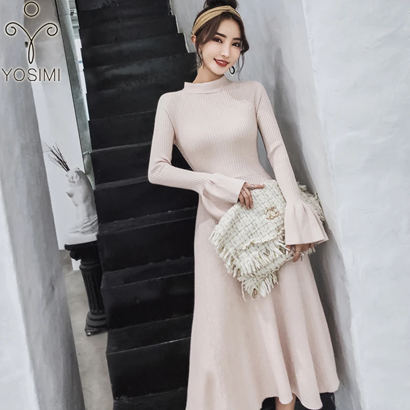^Cheap YOSIMI 2019 Autumn Winter Long Women Dress Stand-neck Elasticity Sweater Dress Female Vestidos Full Sleeve Black Dress Mid-calf