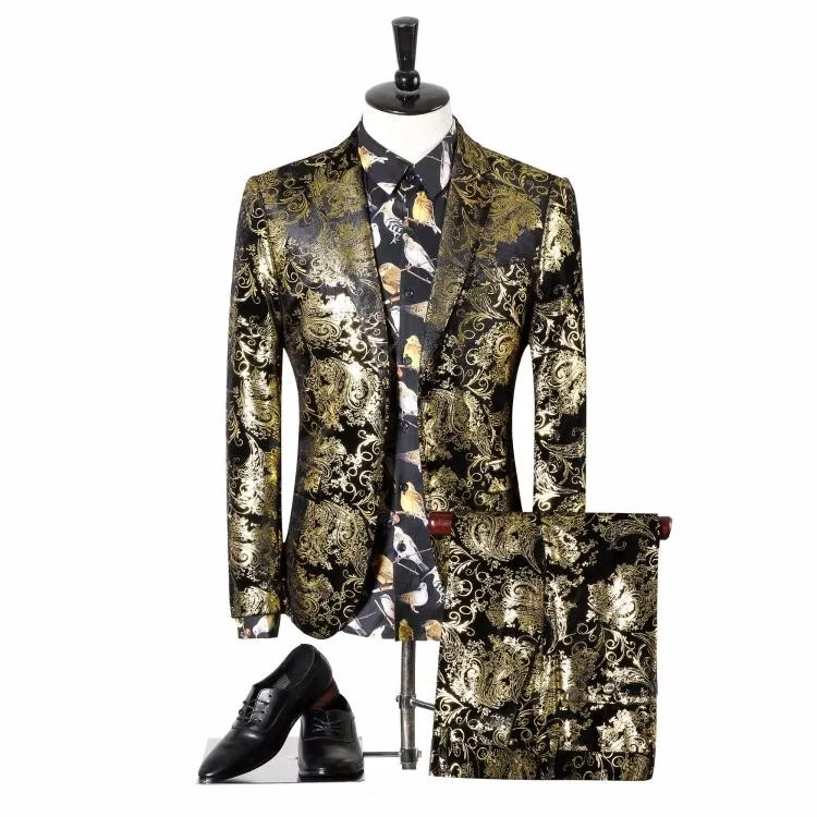 Long Pants 3pcs Chic Mens Gold Blazer Jacket Wedding Parrty Vest Show Suit Coat