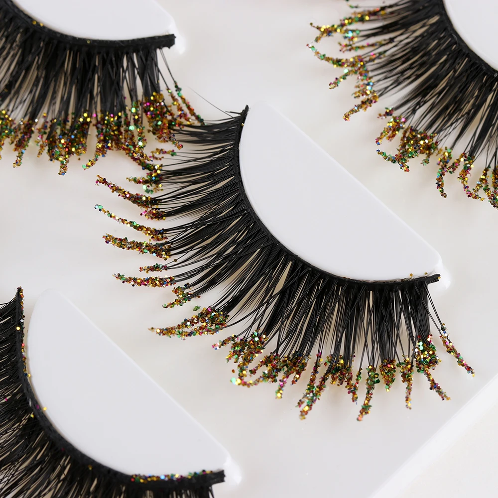 3 Pairs New Stage Golden Glitter False Eyelashes Thick Long Full Strips