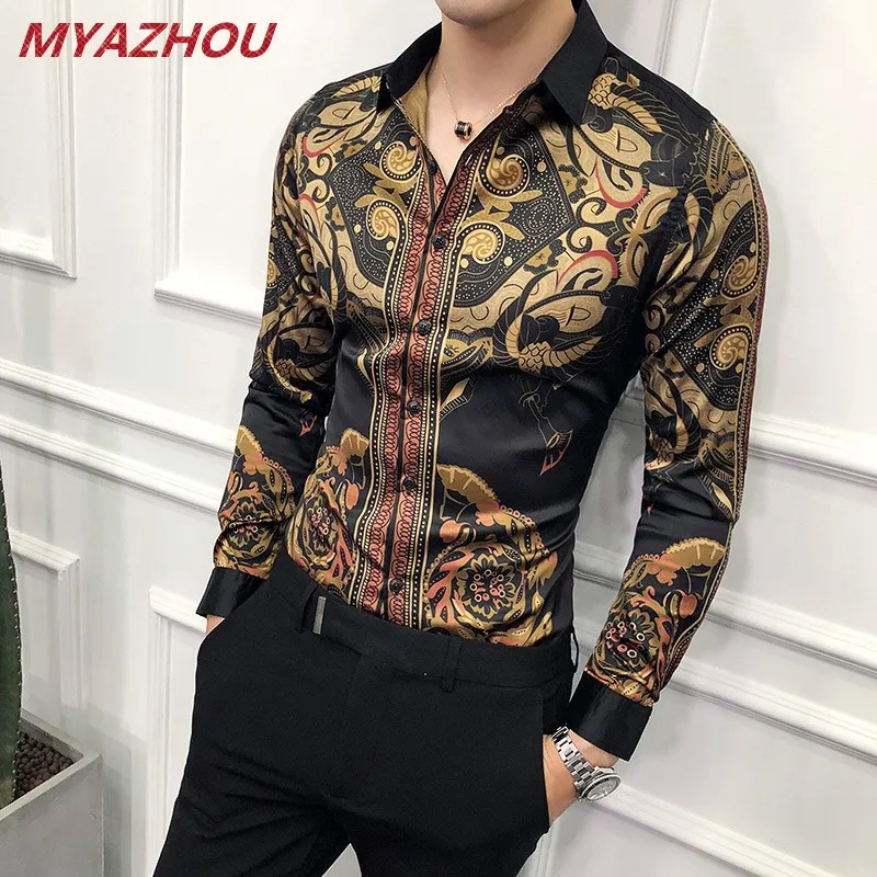 

Luxury black gold shirt male 2019 new slim long-sleeved shirt Camisa Masculina petticoat men's social club formal shirt M-6XL
