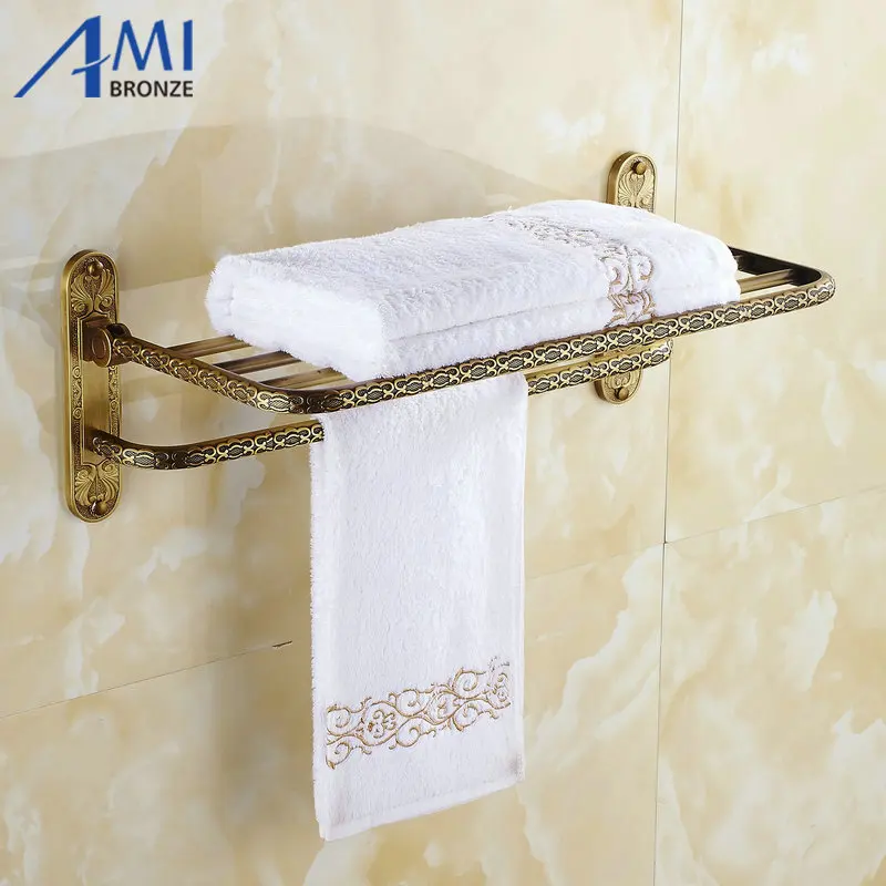 Twin Flowers Series Carving Antique Brass Towel Rack Towel Shelf With