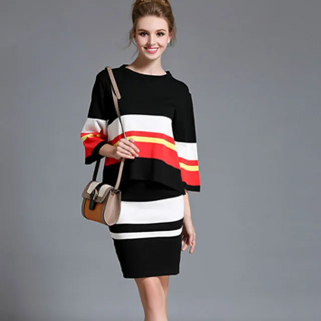 Two Piece Set Sweater Skirt Suits Skirts Winter Pullover Sweater Striped Women 2 Piece Skirt 