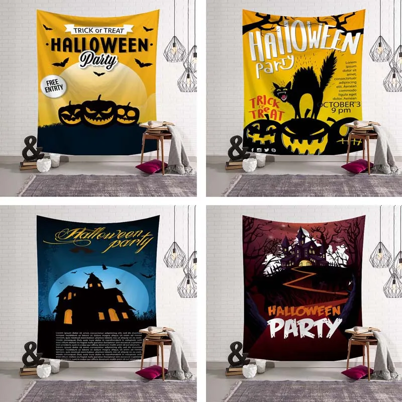 

Trick Treat Halloween Wall Hanging Tapestry Cat Pumpkin Lamp Happpy Halloween Party Decoration Skull Cloak Rug Door Ornament