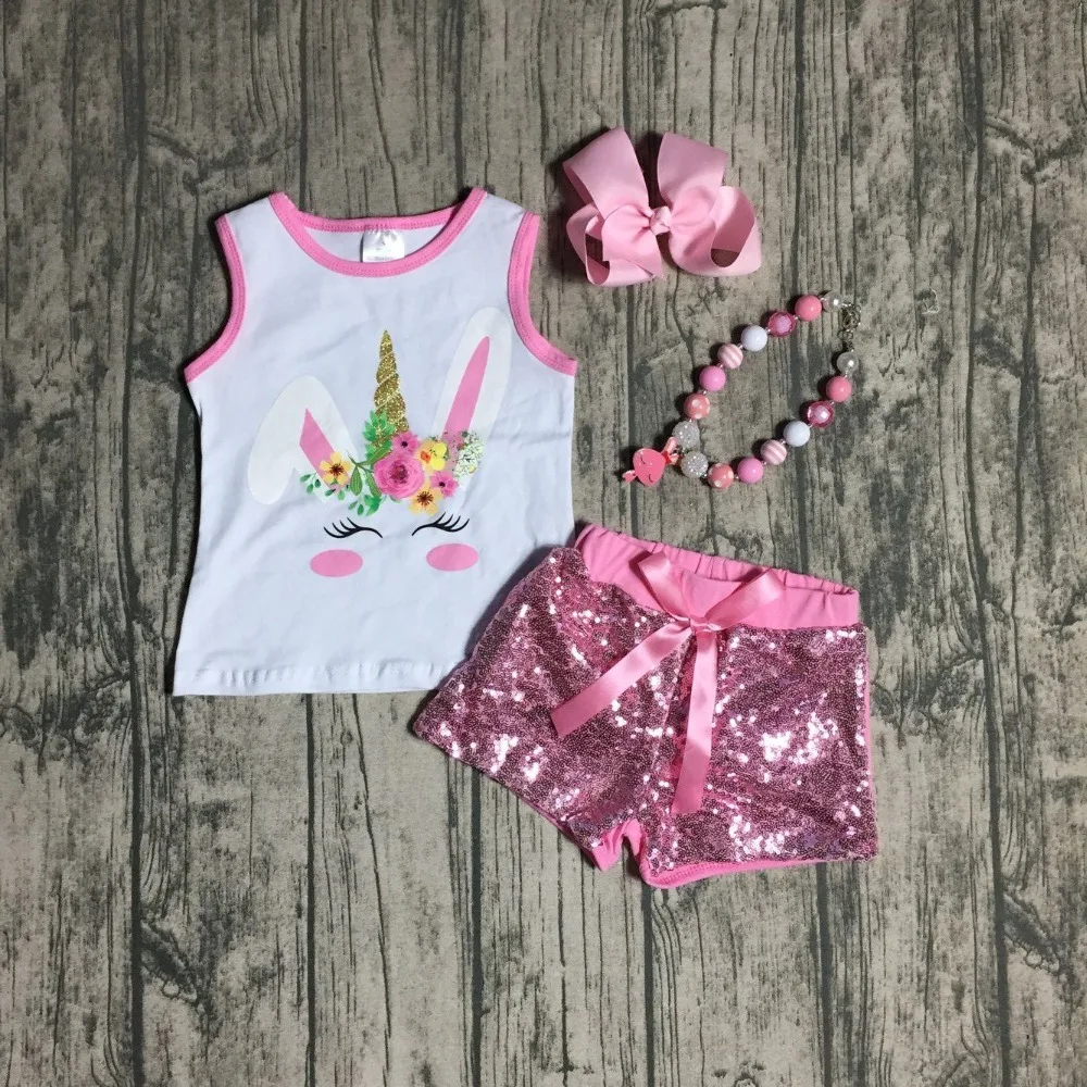 

girls boutique summer clothing girls easter unicorn bunny outfits with sequin shorts sets outfits Easter party with accessories