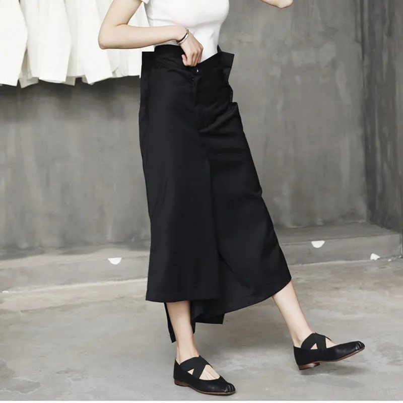 [EAM] новые осенние зимние черные Асимметричные свободные длинные широкие брюки с высокой талией, женские брюки, модные JL448
