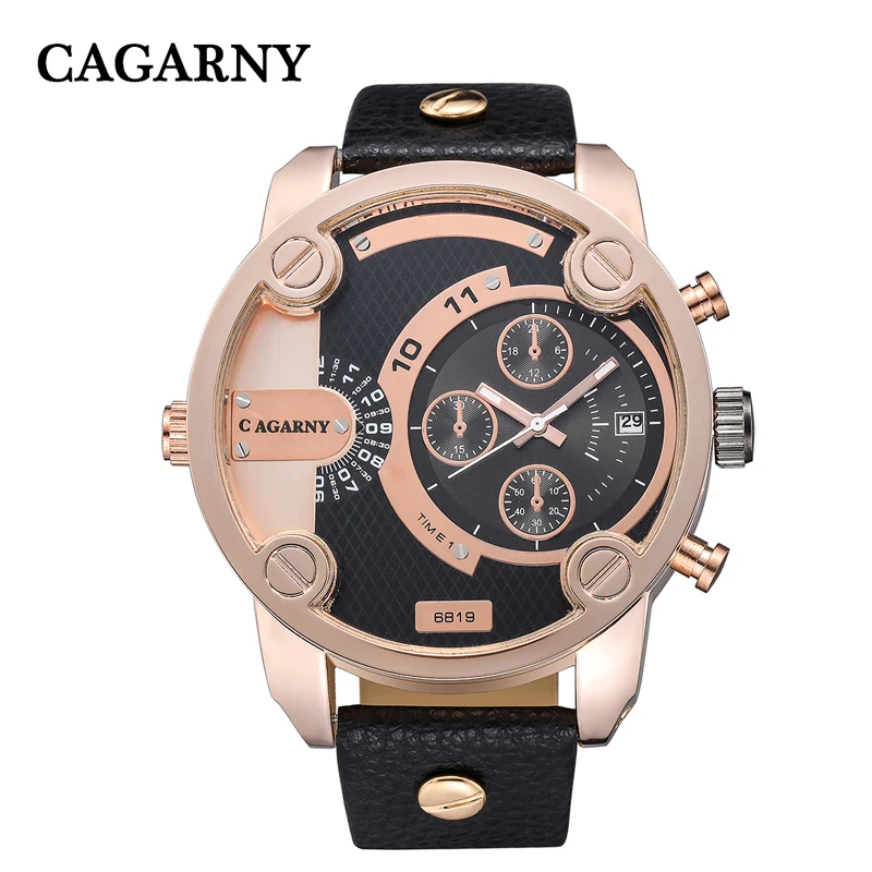 top luxury brand cagarny dz military watch for men rose gold case leather strap men's quartz watches free shipping (2)