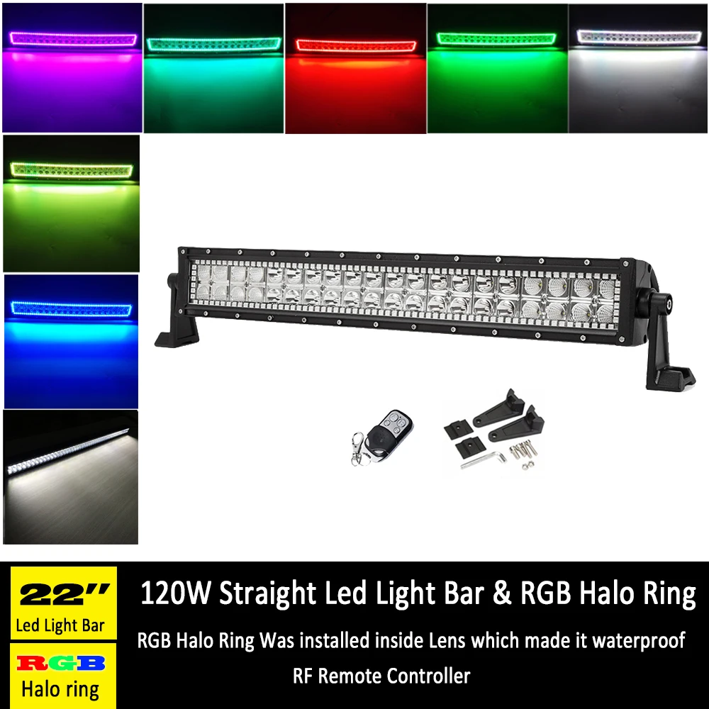

22"INCH 120W Straight Led Offroad Light Bar Spot Flood Combo with RGB halo Ring Color Changing Strobe & Wiring kits RF remote