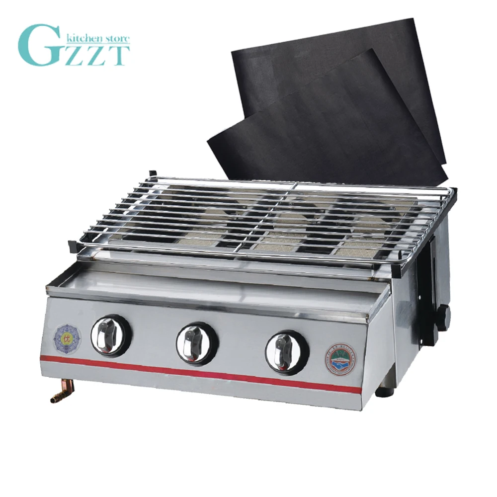 GZZT BBQ Grill 4 Burners Yellow/Stainless Steel LPG Gas Barbecue Grill Smokeless Glass/Steel Shield Buy One Get BBQ Mat Outdoors