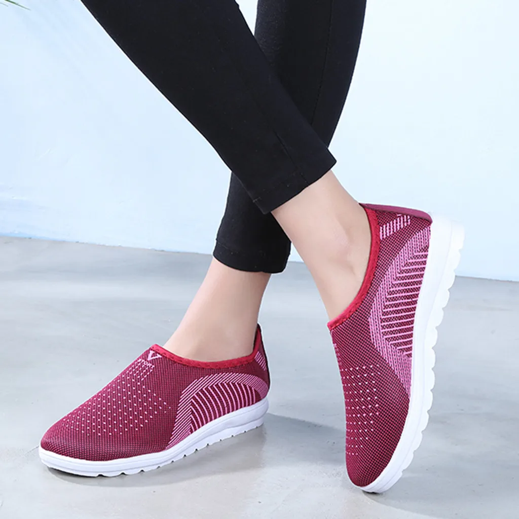 Women's Mesh Flat shoes patchwork slip-on Cotton Casual shoes for woman Walking Stripe Sneakers Loafers Soft Shoes zapato - Цвет: Красный