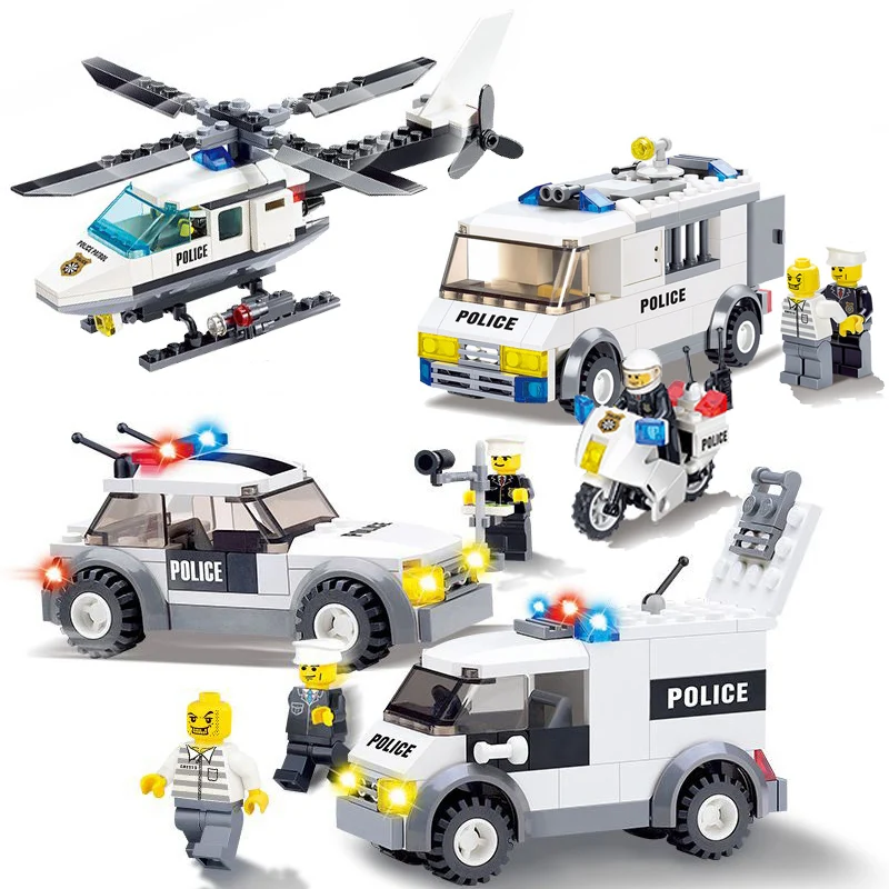 legoing City Mini Police Figure Motorcycle Vehicle Traffic Helicopter Prisoner Car Boat Building Blocks Bricks Toys For Children