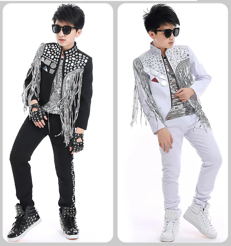Г. Костюм в стиле хип-хоп Детские Белые куртки серебряное пальто с кисточками и блестками одежда для джазовых танцев Одежда для сцены пальто Modis Y1552