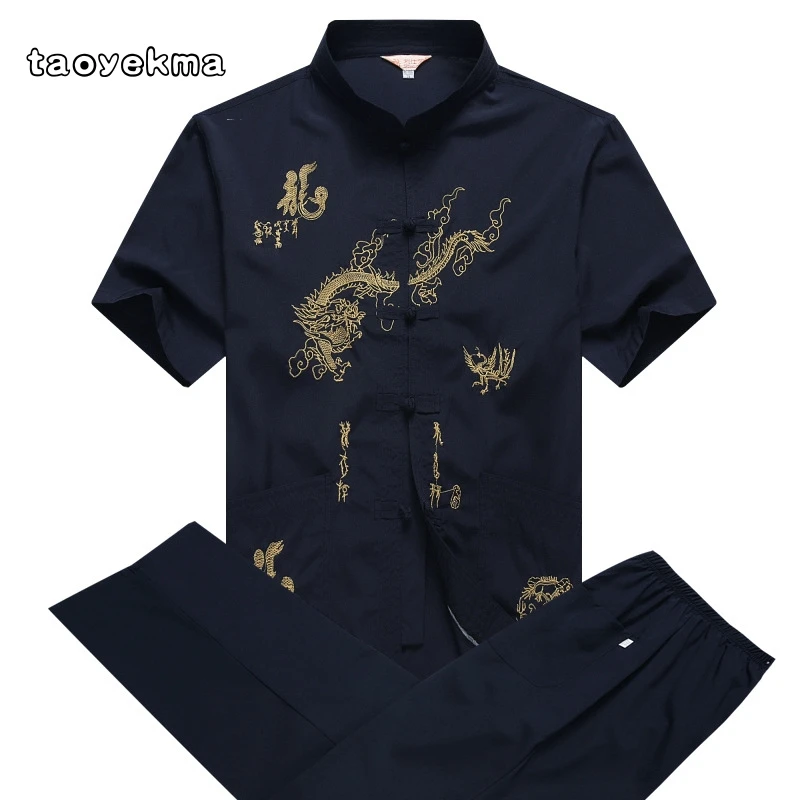

Casual Mandarin Collar Short Sleeve Shirt&Pant For Men Oriental Male Dragon Tang Suit Chinese Traditional Kung Fu Clothing