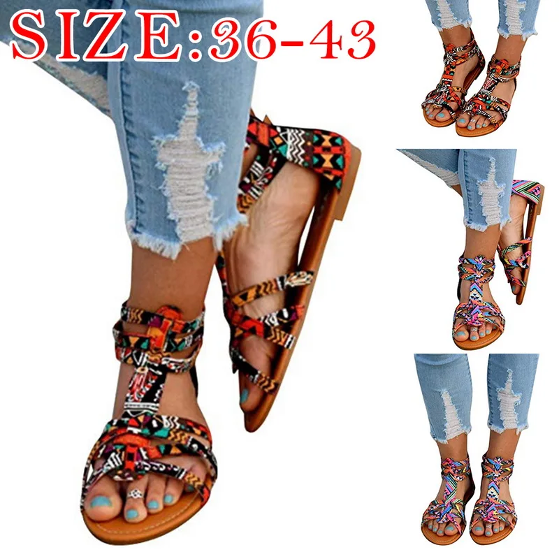 

New Summer Beach Shoes for Women Bohemian Sandals Trendy Printed Ankle Strap Open Toe Sandals Casual Shoes Outdoor