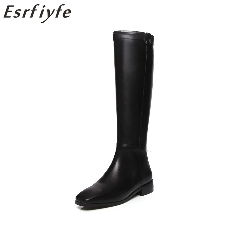 

ESRFIYFE 2018 New Brand Women Knee High Boots Autumn Winter Boots Women Genuine Leather Thick Heels Shoes Zipper Knight Boots