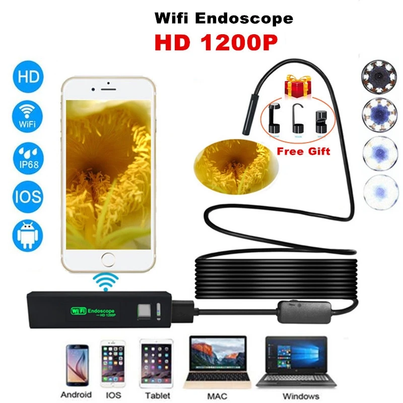 1200P HD WIFI Endoscope Camera 1M 2M 3.5M 5M 7M 10M 8mm Mini Waterproof Borescope Inspection For Android PC IOS | Электроника