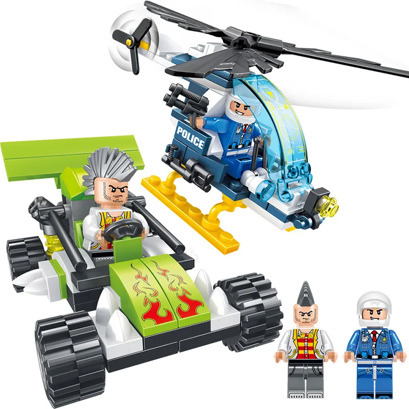 

DIY City Police Chase Thief Compatible Legoinglys Building Blocks Car Helicopter Model Enlighten Bricks For Children Toy Set
