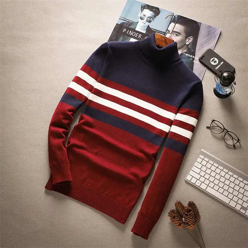 MuLS 2018 New Turtleneck Sweaters Pullover Men Cotton Knit Sweater Jumpers Male Autumn Winter Knitwear Red Balck Wine red Navy-03