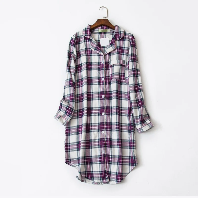 

Plaid Cotton Long Sleeve Women Sleepshirts Button Irregular Spell Color Female Home Clothes 2018 Autumn Loose Fashion Nightgown