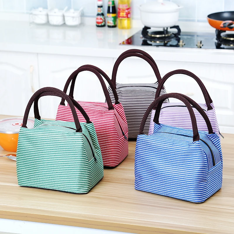 

Women Fashion Stripe Lunch Bags Aluminum Thicken Portable Picnic Food Fresh Keep Insulated Cooler Oxford Thermal Storage Cases