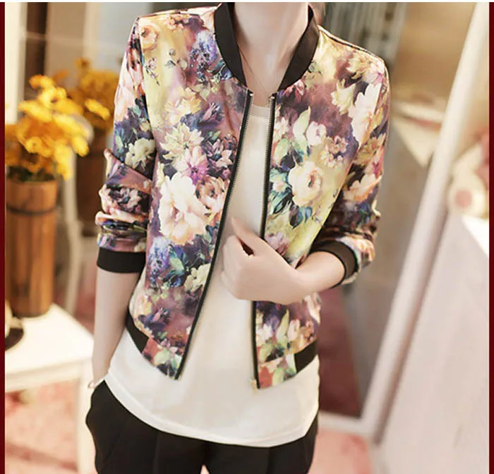 

Fashion Coats Women Stand Collar Long Sleeve Zipper Floral Printed Bomber Jacket Short Winter Jacket Outwear jaqueta feminina A8