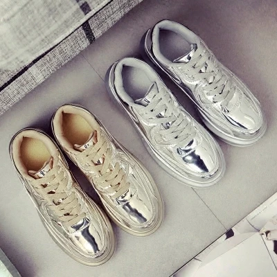 

2018 women's platform shoes gold and silver patent leather lace-up Shoes woman gold and silver fashion sexy luxury large size
