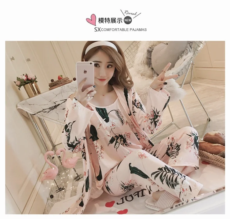 cute pajamas for women 2021 Autumn 3PCS Sexy Long Sleeve Robes Pajama Sets for Women Print Sleepwear Homewear Pijama Mujer Home Clothes Three Piece Set cute pjs