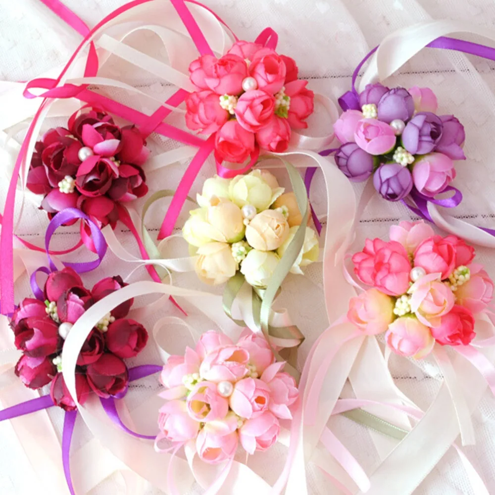 

5 Colors Rose Artificial Bride Flowers For Wedding Party Decoration Bridal Prom Wrist Corsage Bridesmaid Sisters hand flowers
