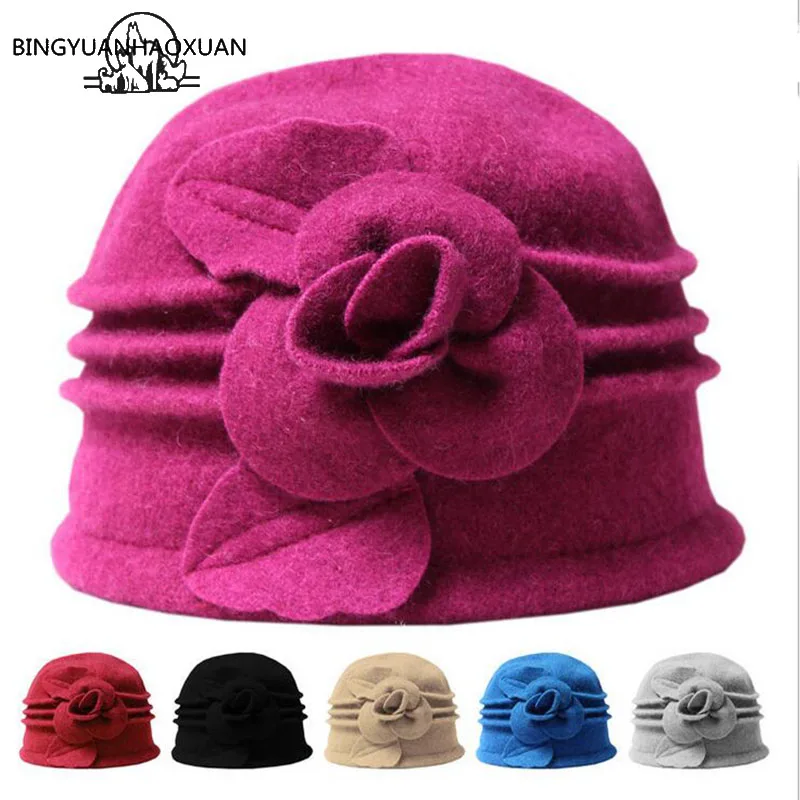 

BINGYUANHAOXUAN Felted Women 100% Pure Wool Dome Winter Hats For Women Floral Casual Brand Warm Lady Fall Floppy Soft Felt Girls