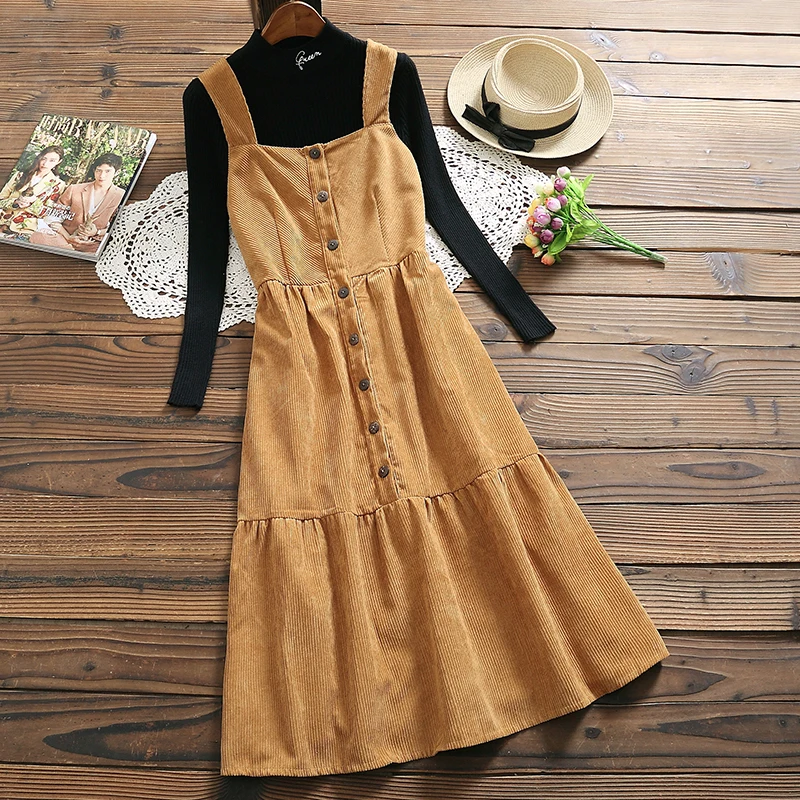 

Japan Style Vintage Sundress Autumn and Winter Long Dress Women Sleeveless Vest Corduroy Dresses