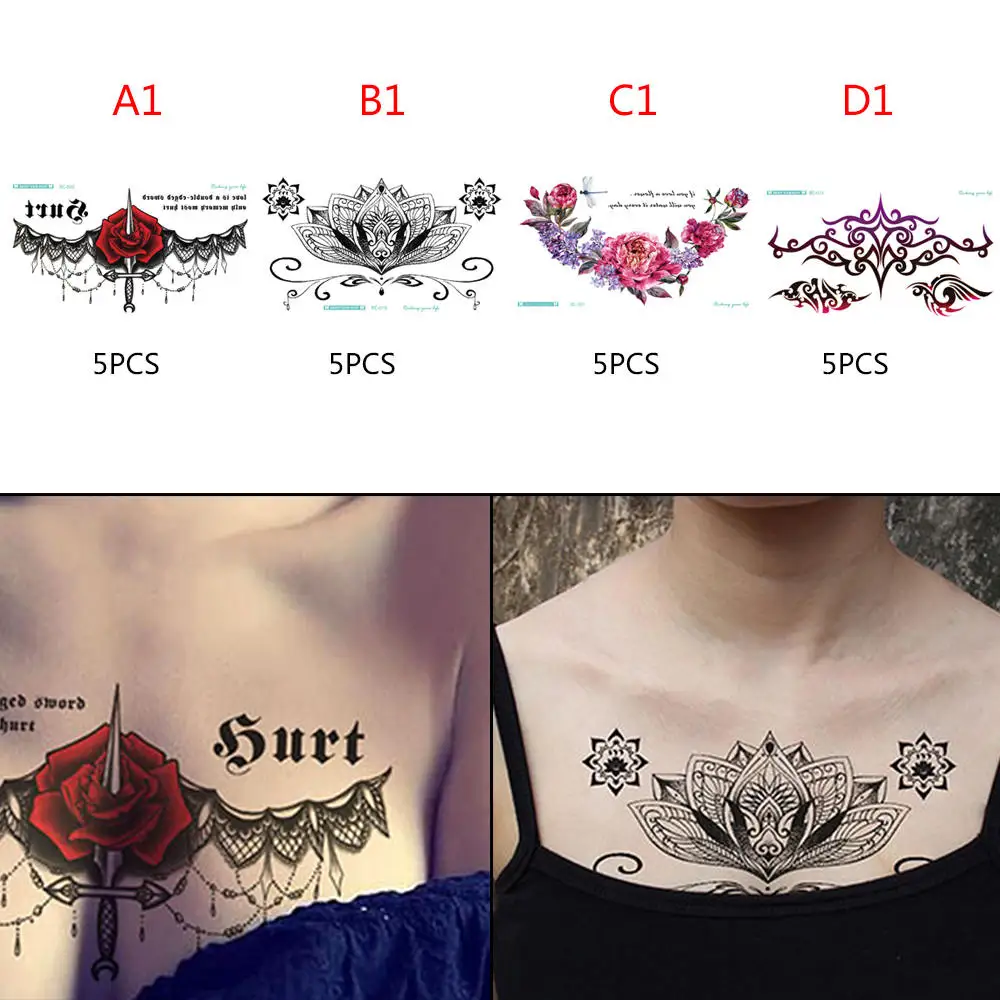 5 листов женщины Временная водостойкая татуировка стикер тела Грудь Sternal Art стикер цветок поддельные татуировки